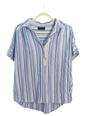 Lane Bryant Blue and White Vertical Stripe Short-Sleeve Button Popover Shirt